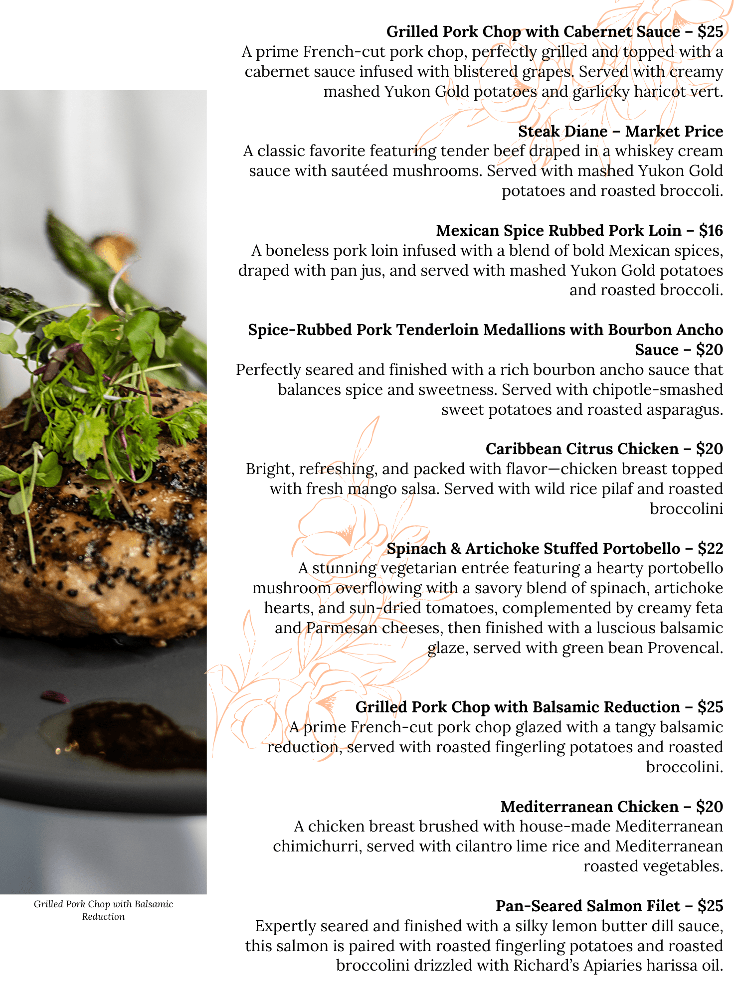 Plated Meal Menu 2 A restaurant menu featuring meat entrees, including pork chops, steak, pork loin, chicken, and salmon, with detailed descriptions of ingredients and prices. The background has subtle orange graphics.