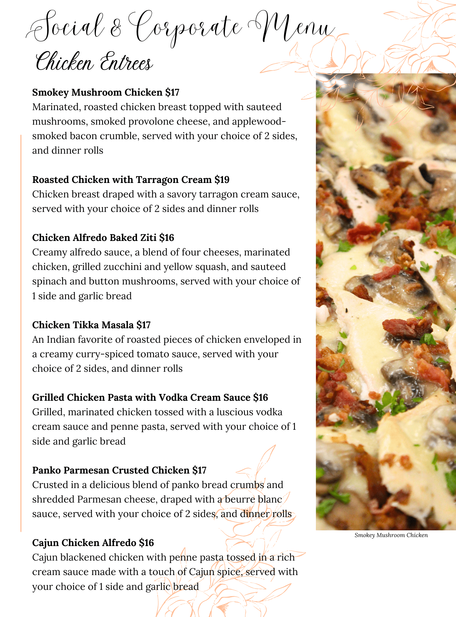 A menu page titled Social & Corporate Menu: Chicken Entrees lists various chicken dishes and their descriptions. On the right, theres a close-up photo of Smokey Mushroom Chicken plated with sauce and vegetables.