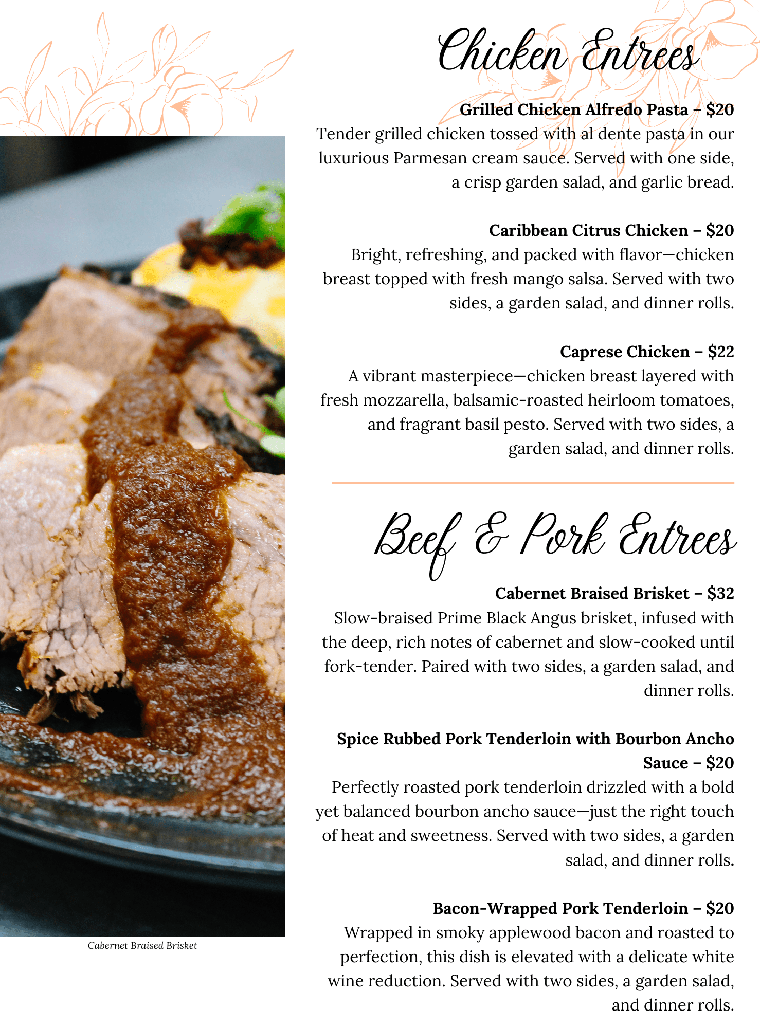 Wedding Menu 2 A restaurant menu featuring Chicken Entrees and Beef & Pork Entrees with detailed dish descriptions and prices. A close-up photo of sliced meat with sauce and herbs appears at the bottom left of the menu.