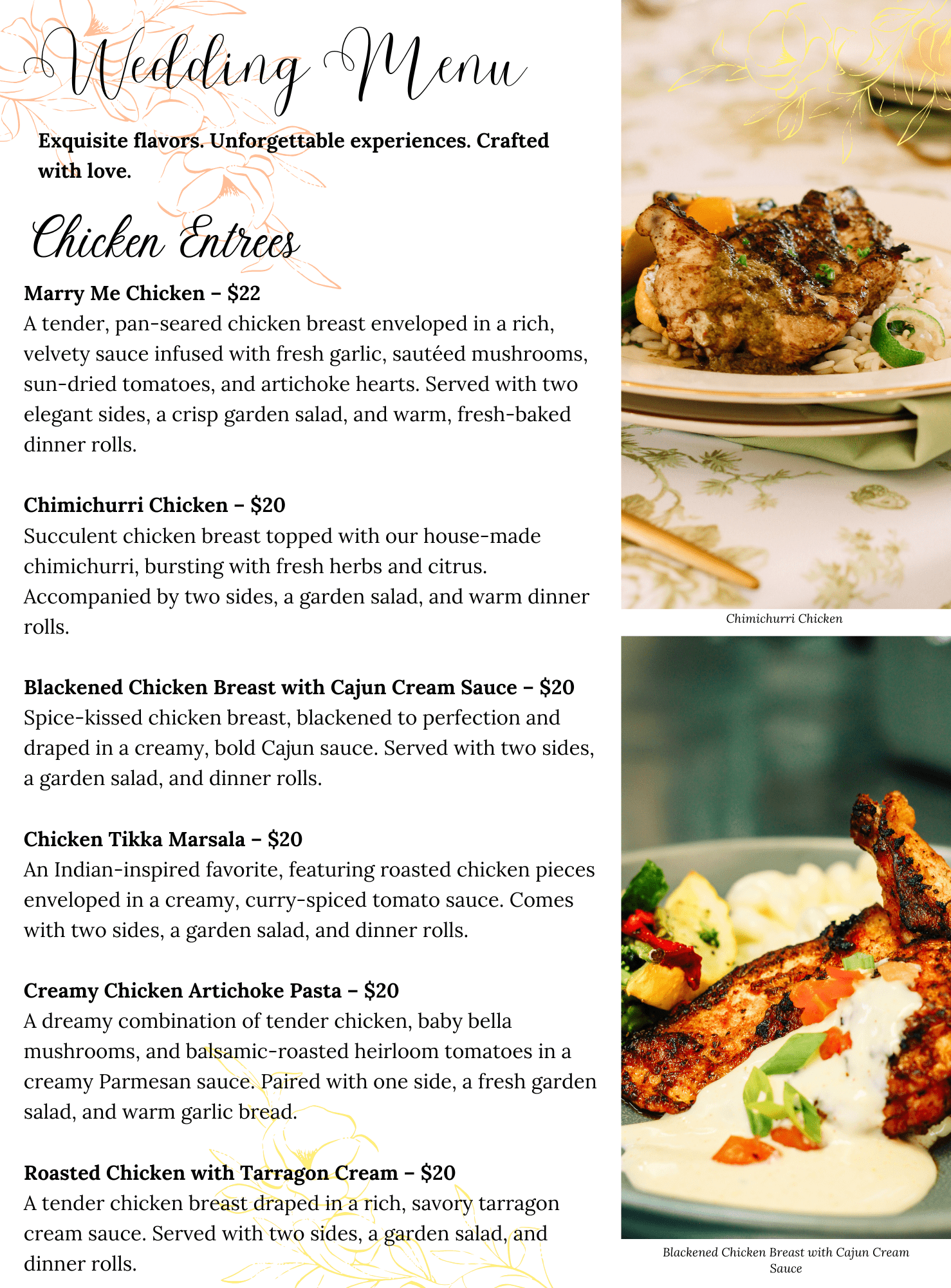 Wedding Menu A wedding menu listing chicken entrées with dish descriptions, alongside images of Chimichurri Chicken and Blackened Chicken Breast with Cajun Cream Sauce. The menu features elegant fonts and a floral design.