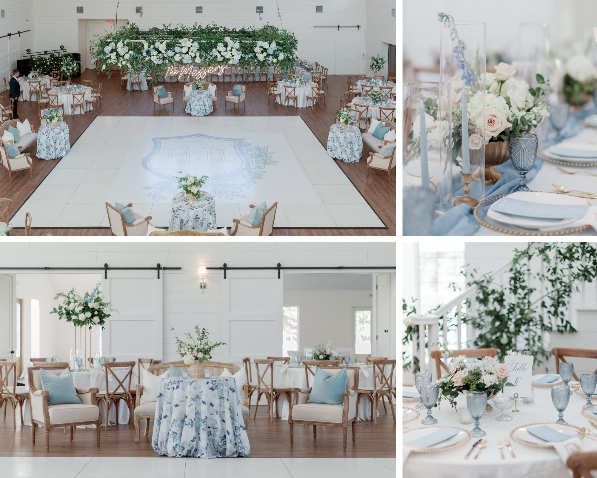 Farmhouse Venue in Little Rock Elegant, airy wedding reception with blue and white floral accents, round and rectangular tables, soft blue linens, wooden chairs, lush centerpieces, and a white dance floor with a custom crest design in a bright, light-filled venue.