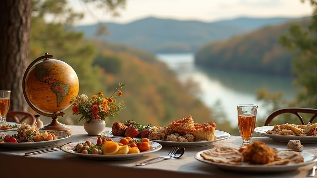 2 - International Food Catering Little Rock A table set with assorted foods, pies, and drinks overlooks a scenic river valley and forested hills. A small globe and a vase of flowers decorate the table, creating a cozy, inviting atmosphere.