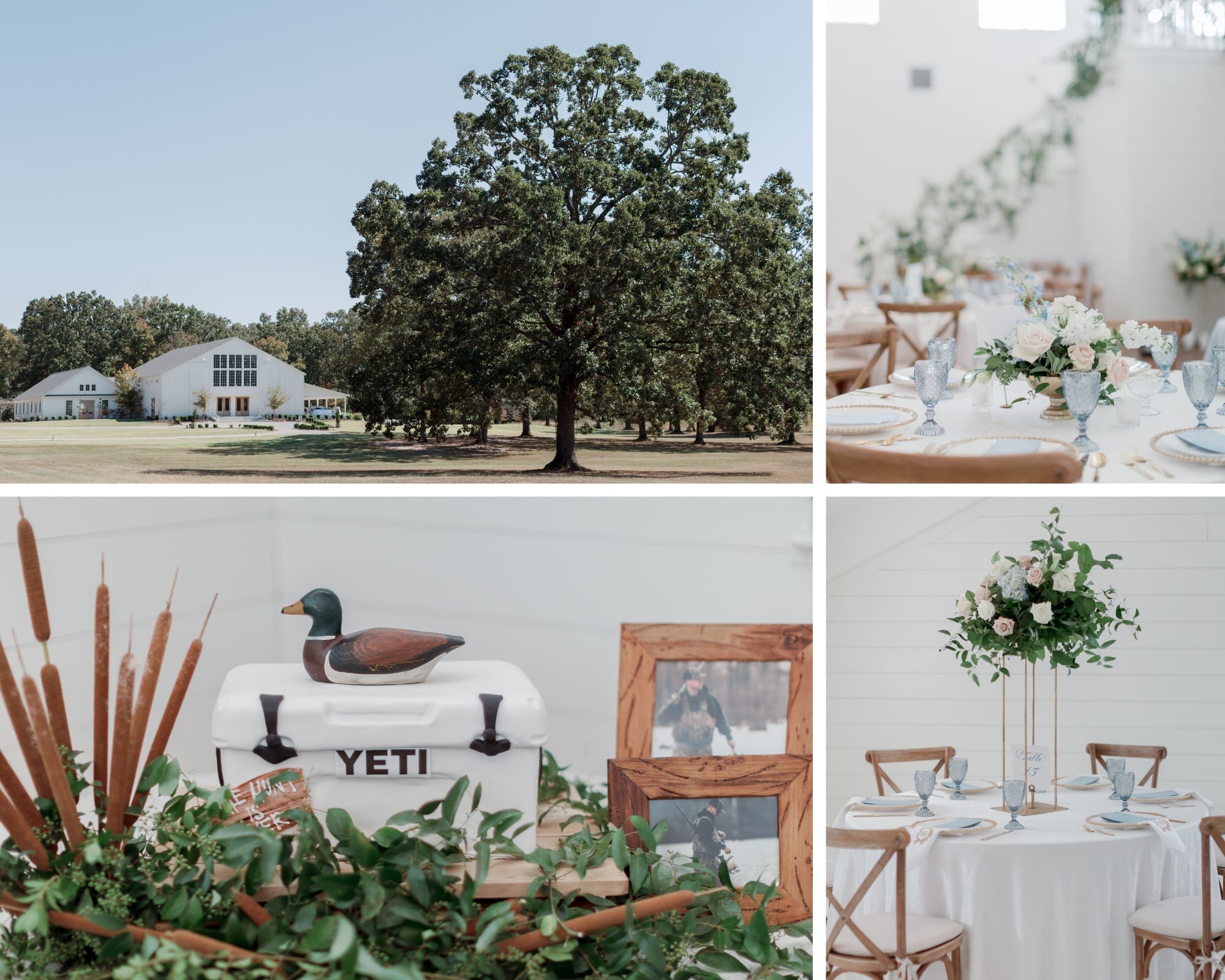 4 - Delia Jeffcoat Events A collage showing a white barn in a field, elegant floral table settings with blue and white accents, a decorative YETI cooler with a duck decoy, and greenery arrangements at a rustic wedding venue.