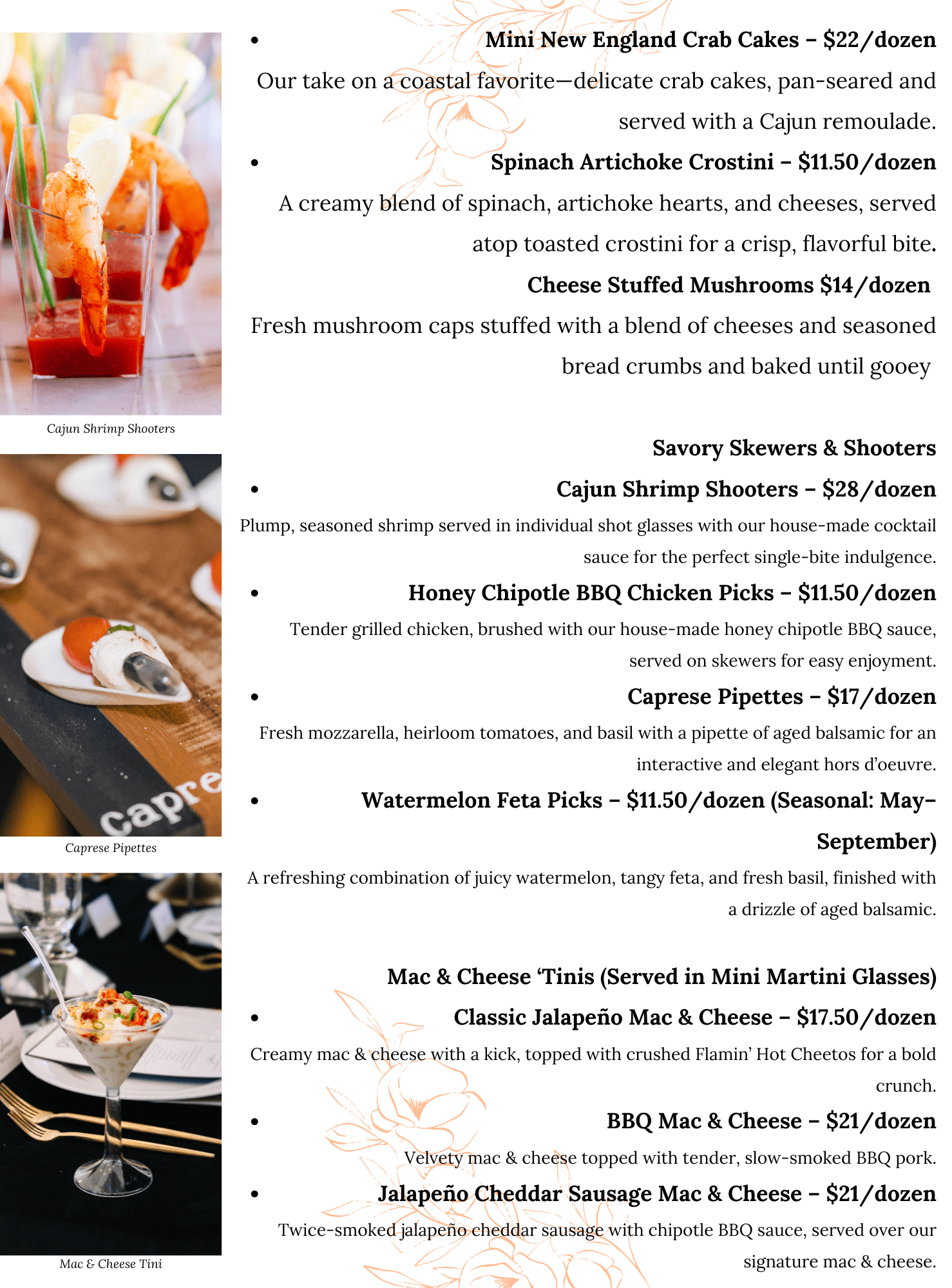 Hors d'Oeuvres Menu 2 A restaurant menu features seafood, appetizers, and specialty mac & cheese options. Photos of Cajun shrimp skewers and caprese pipettes with mozzarella and tomato accompany the text. Dishes are highlighted in orange.
