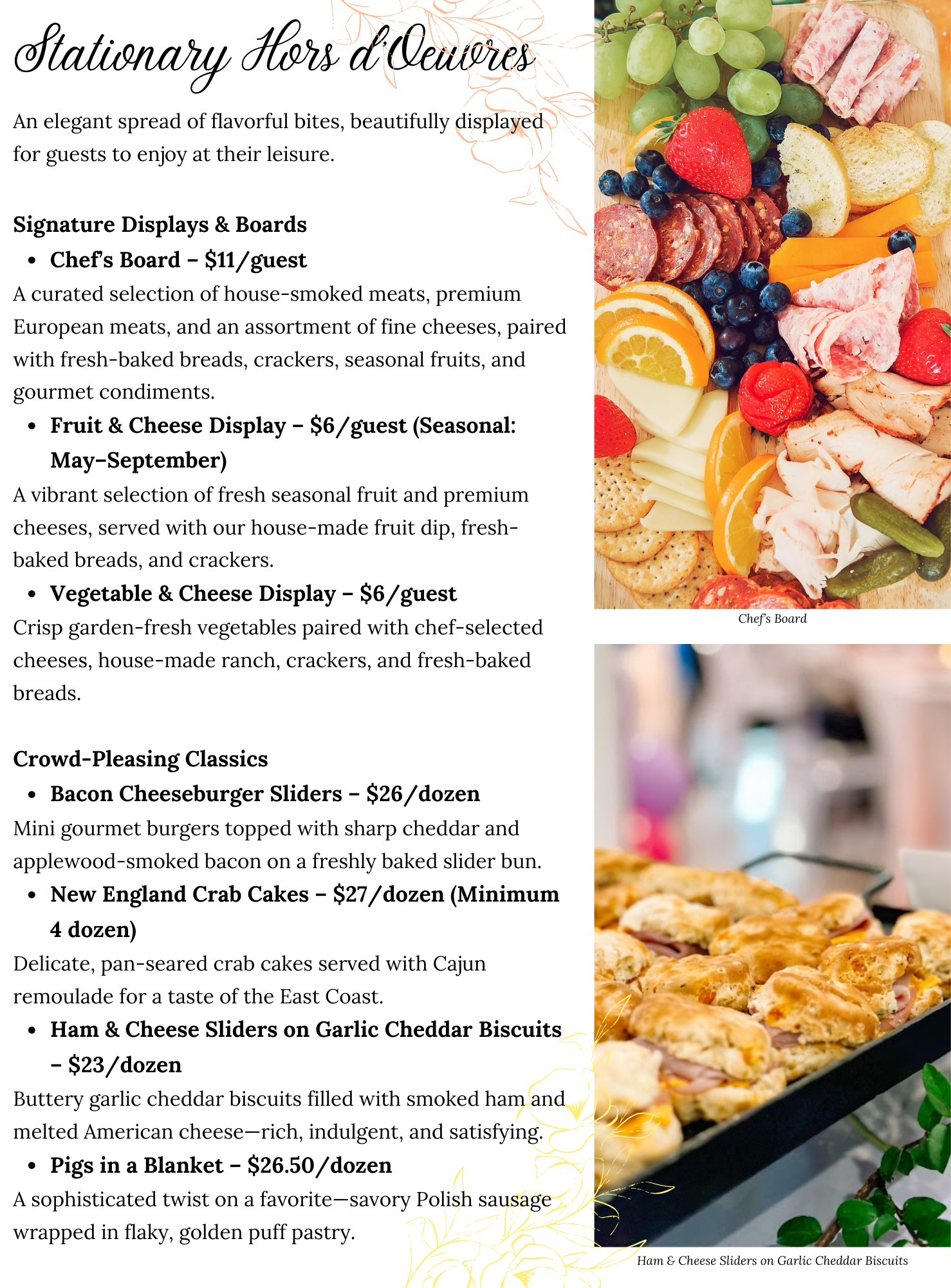 Hors d'Oeuvres Menu 3 A catering menu with images of assorted hors doeuvres, including fruit and cheese boards, ham and cheese sliders, and smoked salmon bites, with detailed descriptions and pricing for each option.