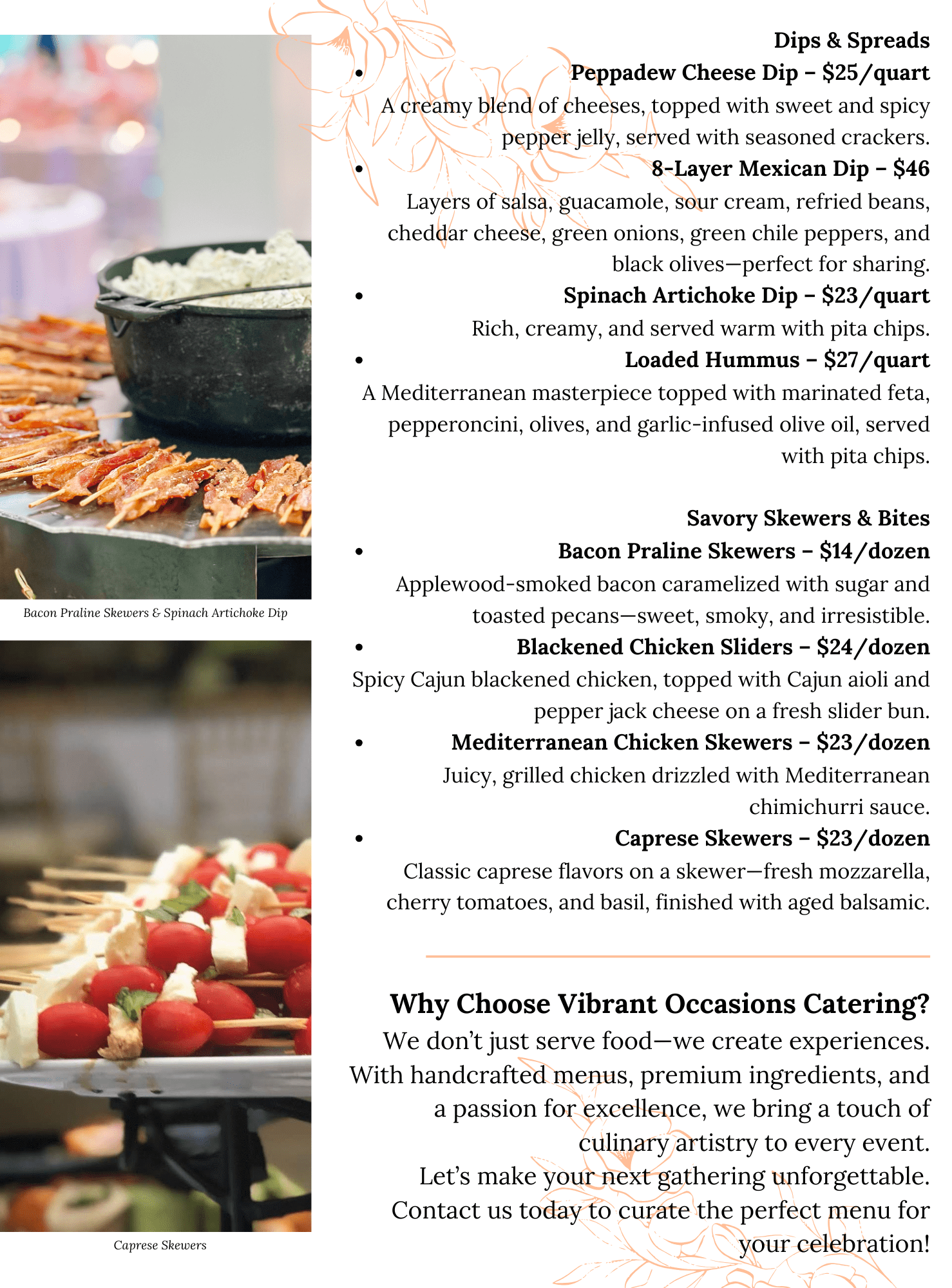 Hors d'Oeuvres Menu 4 A catering menu page featuring dips, spreads, and skewers, with descriptions and prices. Small photos show a bowl of dip with crackers, and an arrangement of Caprese skewers on a plate.