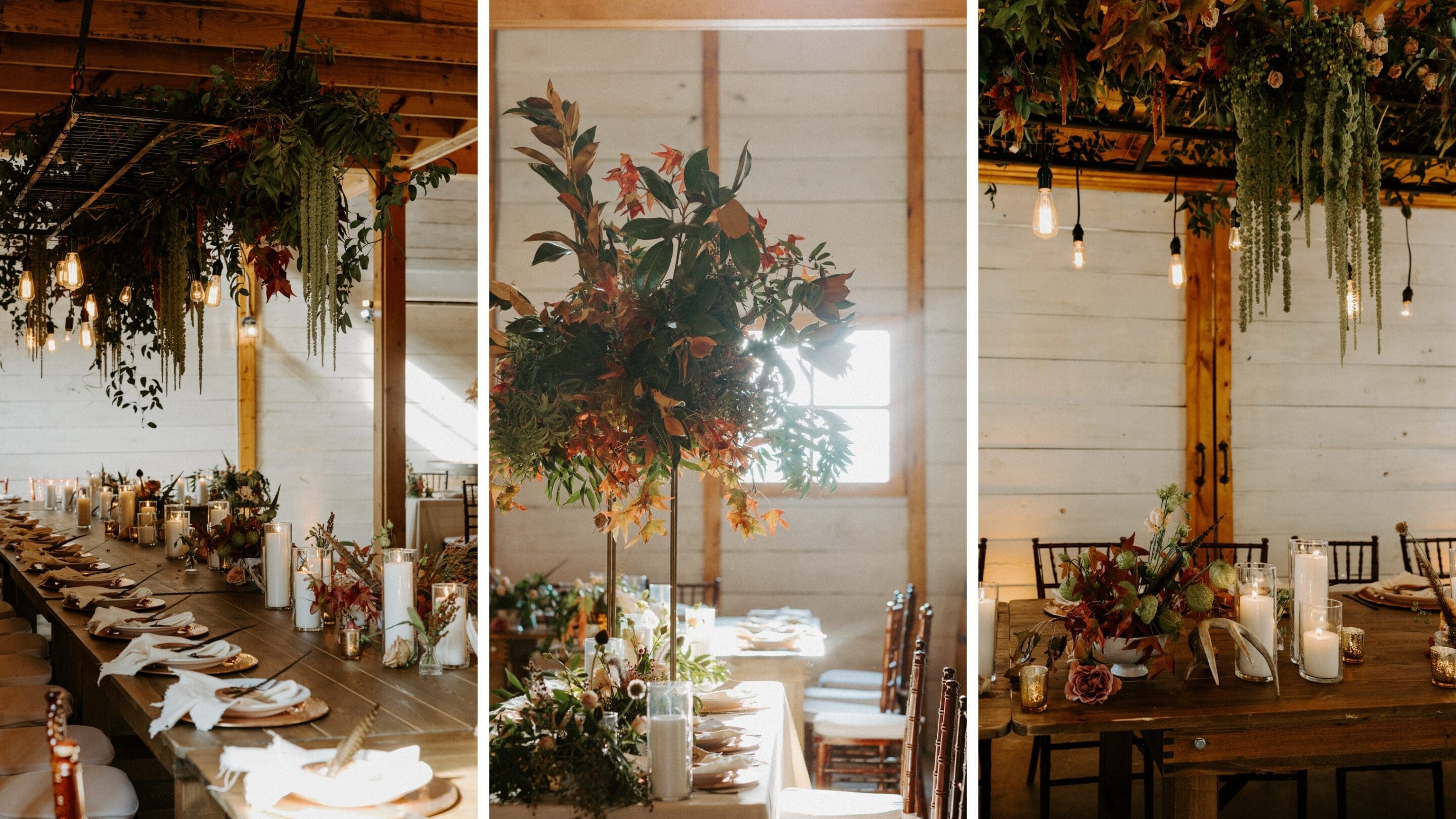 Three images show a rustic wedding reception with long wooden tables, hanging greenery, floral centerpieces, candles, and natural light streaming through windows in a barn setting.