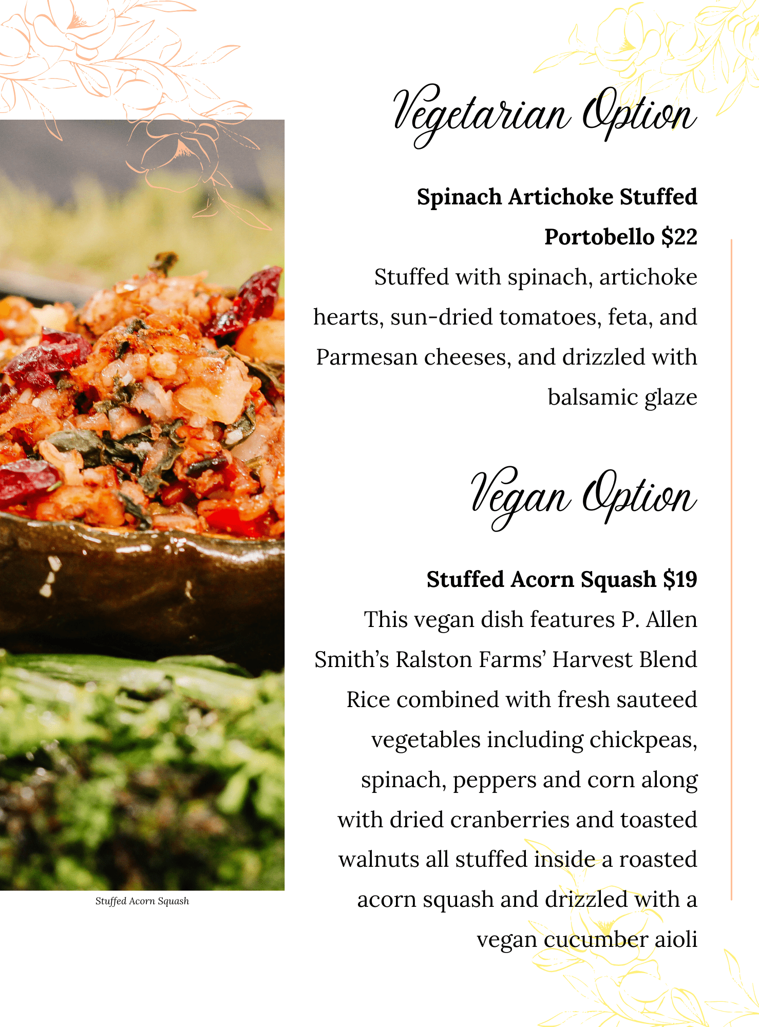 A close-up of stuffed acorn squash filled with grains and vegetables is shown on the left, beside a menu listing vegetarian and vegan stuffed squash and portobello options, with detailed descriptions and prices.